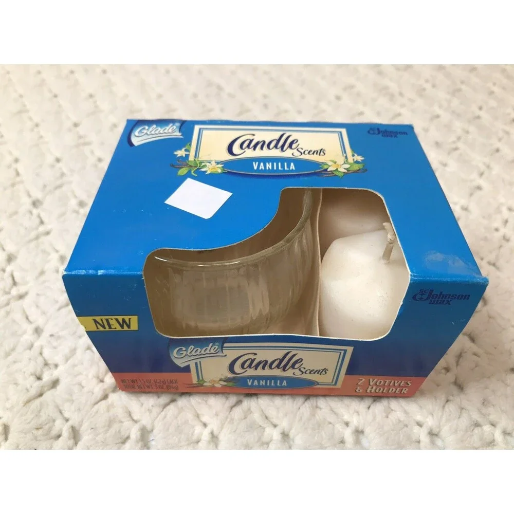 Glade Candle Scents Original Vanilla Scent Kit 2 Votives 1 Glass Holder Jar NOS